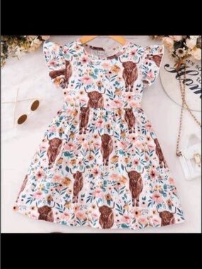 Girls Floral & Brown Bear Print Casual Dress - White Pink